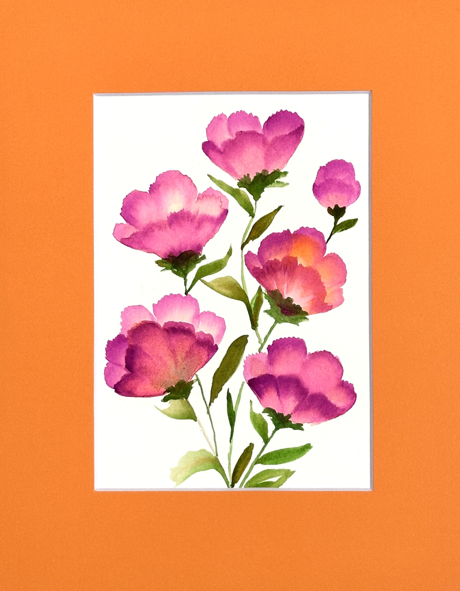 Original loose watercolor peony painting in magenta and rose with sage-green leaves, matted to 8 x 10 in, by Céline